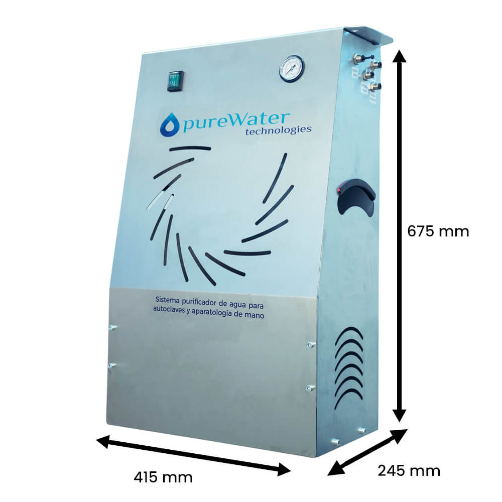 equipo de purificación del agua para clínicas dentales indicando las medidas de este