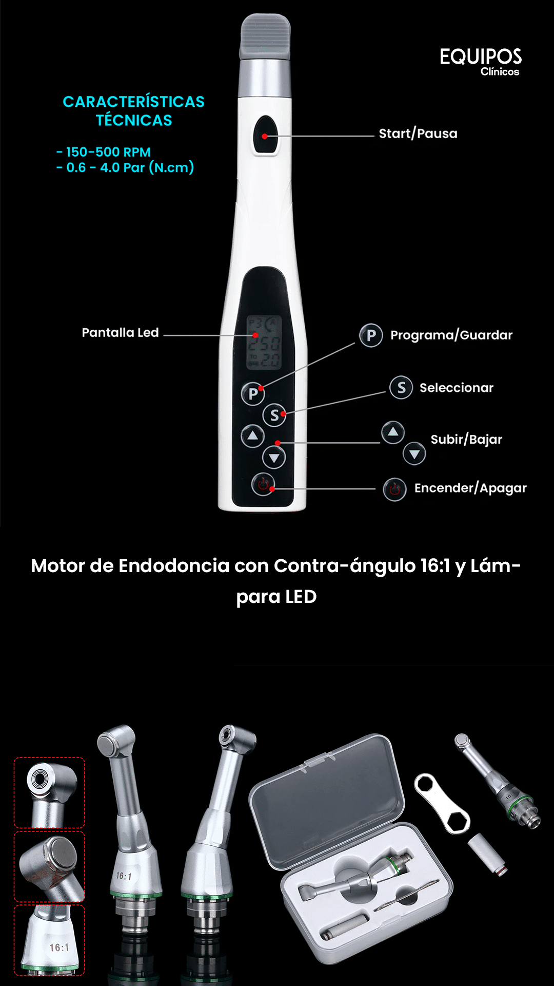 Motor de Endodoncia Inalámbrico con LED y Contra-ángulo Reductor 16:1 - Imagen 2
